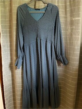 Long Sleeve Smocked V-Neck Maxi Dress - Slate Blue